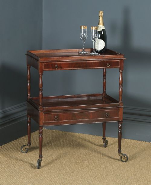 fig 1. Antique English Edwardian Regency Style Flame Mahogany Serving Trolley Table (Circa 1910)