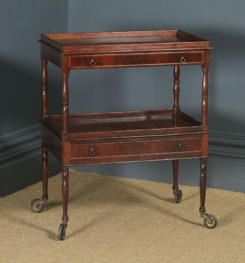 Antique English Edwardian Regency Style Flame Mahogany Serving Trolley Table (Circa 1910)