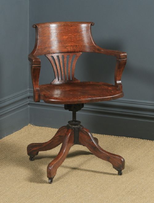 Antique English Edwardian Solid Oak Revolving Office Desk Arm Chair (Circa 1910)