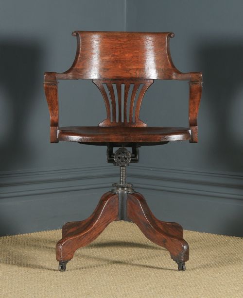 fig 1. Antique English Edwardian Solid Oak Revolving Office Desk Arm Chair (Circa 1910)