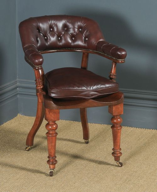 Antique English Victorian Mahogany & Brown Leather Office Desk Arm Chair (Circa 1880)
