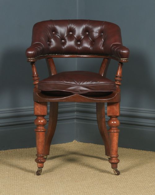 fig 1. Antique English Victorian Mahogany & Brown Leather Office Desk Arm Chair (Circa 1880)