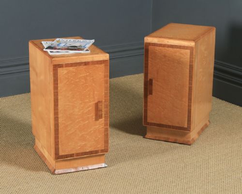 Antique English Pair of Art Deco Birds Eye Maple & Walnut Bedside Cupboards Tables Nightstands (Circa 1930)