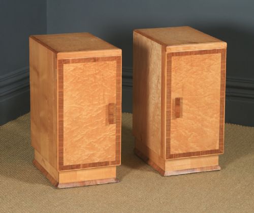 fig 1. Antique English Pair of Art Deco Birds Eye Maple & Walnut Bedside Cupboards Tables Nightstands (Circa 1930)