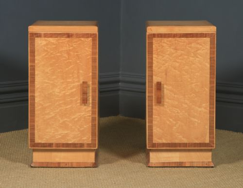 fig 2. Antique English Pair of Art Deco Birds Eye Maple & Walnut Bedside Cupboards Tables Nightstands (Circa 1930)