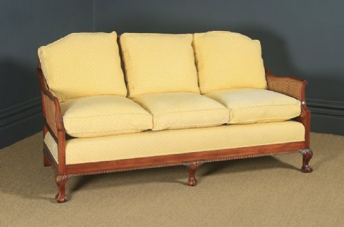 fig 1. Antique English George V Chippendale Style Three Piece Mahogany & Cane Bergere Couch Settee Sofa Lounge Suite (Circa 1930)