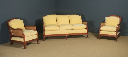 Antique English George V Chippendale Style Three Piece Mahogany & Cane Bergere Couch Settee Sofa Lounge Suite (Circa 1930)