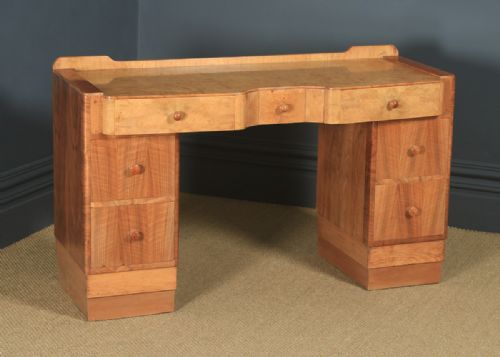 fig 1. Antique English Art Deco Burr & Figured Walnut Office Pedestal Desk (Circa 1940)