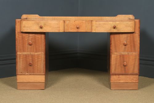 fig 2. Antique English Art Deco Burr & Figured Walnut Office Pedestal Desk (Circa 1940)