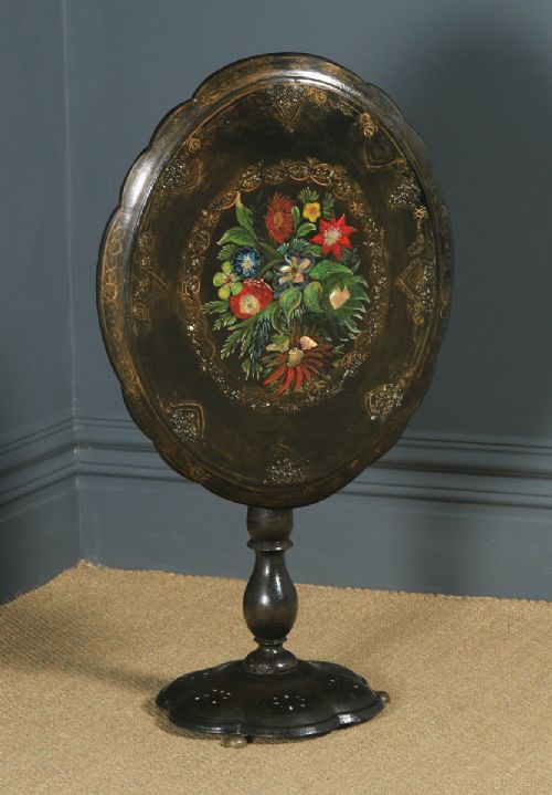 Antique English Victorian Black Ebonised Chinoiserie Papier Mâché Folding Occasional Tripod Table (Circa 1870)