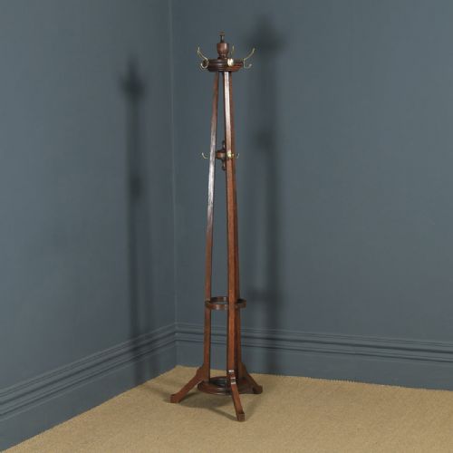 Antique George V Oak & Brass Arts & Crafts Revolving Coat, Hat, Stick & Umbrella Hall Stand (Circa 1920)