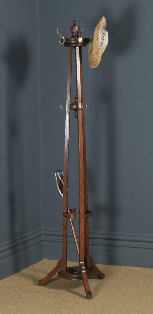 fig 1. Antique George V Oak & Brass Arts & Crafts Revolving Coat, Hat, Stick & Umbrella Hall Stand (Circa 1920)