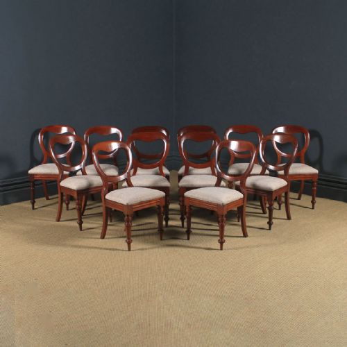 Antique English Victorian Set of 12 Twelve Mahogany Balloon Back Dining Chairs (Circa 1860)