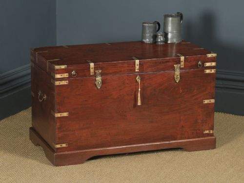 Large Antique Victorian Anglo Indian Colonial Campaign Teak & Brass Chest / Trunk (Circa 1870)