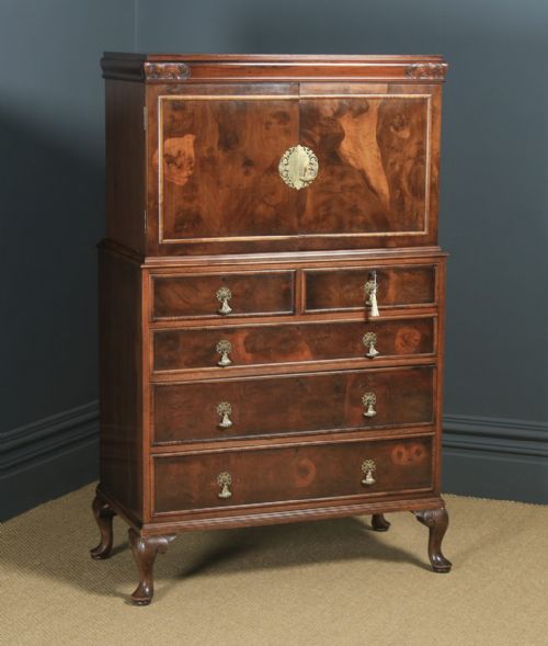 Antique English Queen Anne Style Figured Walnut Tallboy Linen Press Chest of Drawers by Waring & Gillow (Circa 1930)