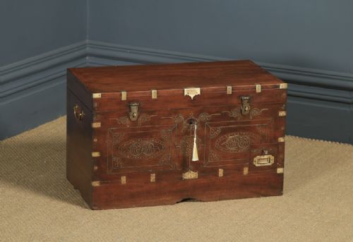 “Large Antique Anglo-burmese Victorian Colonial Campaign Teak & Brass Mandalay Dowry Chest / Trunk (Circa 1880)