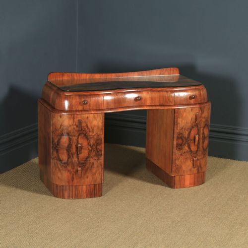 Antique English Art Deco Figured Walnut & Glass Cloud Shaped Pedestal Office Desk (Circa 1930)