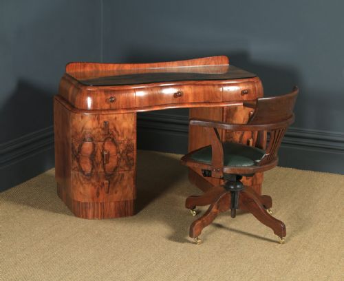fig 1. Antique English Art Deco Figured Walnut & Glass Cloud Shaped Pedestal Office Desk (Circa 1930)