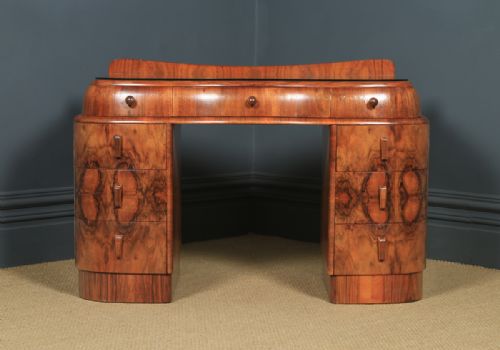 fig 2. Antique English Art Deco Figured Walnut & Glass Cloud Shaped Pedestal Office Desk (Circa 1930)