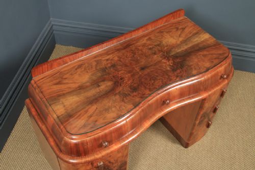 fig 3. Antique English Art Deco Figured Walnut & Glass Cloud Shaped Pedestal Office Desk (Circa 1930)