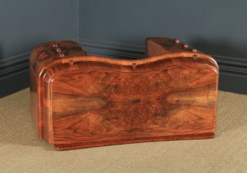 fig 5. Antique English Art Deco Figured Walnut & Glass Cloud Shaped Pedestal Office Desk (Circa 1930)