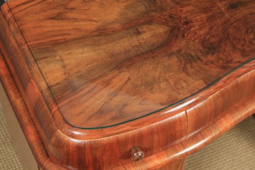 fig 4. Antique English Art Deco Figured Walnut & Glass Cloud Shaped Pedestal Office Desk (Circa 1930)
