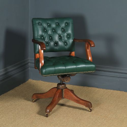 Antique English Edwardian Solid Oak & Green Leather Upholstered Revolving Office Desk Arm Chair (Circa 1910)