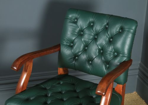 fig 4. Antique English Edwardian Solid Oak & Green Leather Upholstered Revolving Office Desk Arm Chair (Circa 1910)
