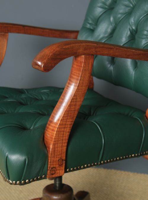 fig 7. Antique English Edwardian Solid Oak & Green Leather Upholstered Revolving Office Desk Arm Chair (Circa 1910)