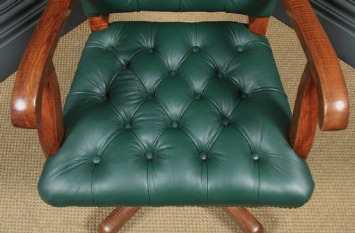 fig 8. Antique English Edwardian Solid Oak & Green Leather Upholstered Revolving Office Desk Arm Chair (Circa 1910)
