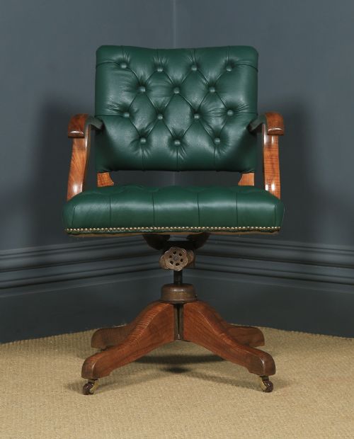fig 1. Antique English Edwardian Solid Oak & Green Leather Upholstered Revolving Office Desk Arm Chair (Circa 1910)