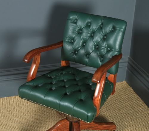 fig 2. Antique English Edwardian Solid Oak & Green Leather Upholstered Revolving Office Desk Arm Chair (Circa 1910)