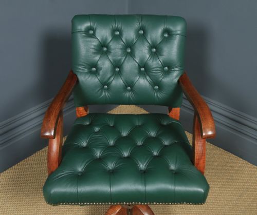 fig 3. Antique English Edwardian Solid Oak & Green Leather Upholstered Revolving Office Desk Arm Chair (Circa 1910)