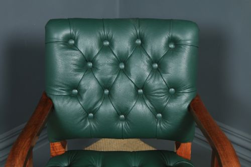 fig 5. Antique English Edwardian Solid Oak & Green Leather Upholstered Revolving Office Desk Arm Chair (Circa 1910)