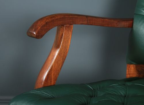 fig 6. Antique English Edwardian Solid Oak & Green Leather Upholstered Revolving Office Desk Arm Chair (Circa 1910)