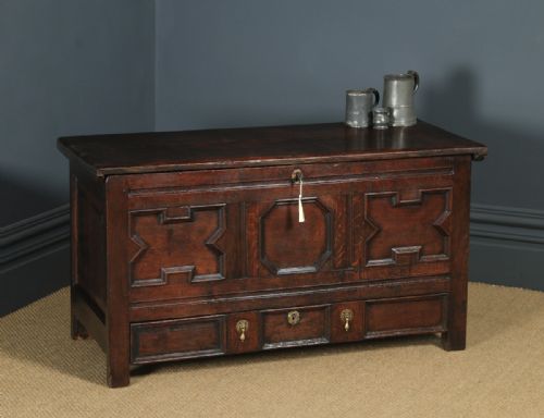 Antique English 17th Century Oak Geometric Mule Chest / Blanket Box / Trunk with Drawer (Circa 1680 - 1700)