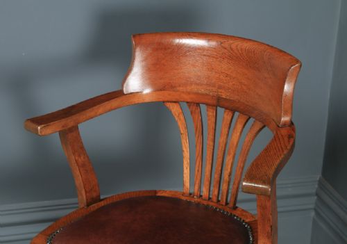 fig 3. Antique English Edwardian Oak & Brown Leather Revolving Office Desk Arm Chair (Circa 1910)