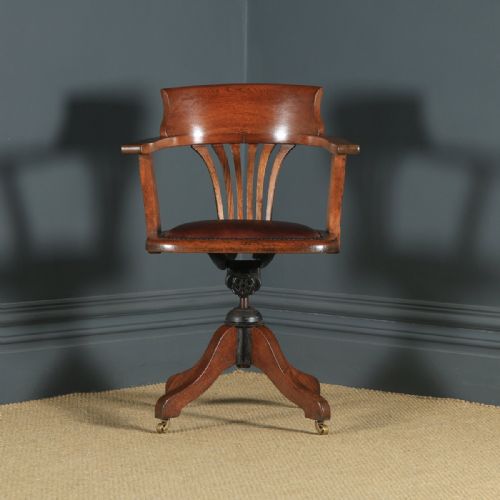 fig 1. Antique English Edwardian Oak & Brown Leather Revolving Office Desk Arm Chair (Circa 1910)