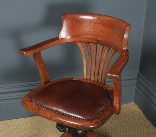 fig 2. Antique English Edwardian Oak & Brown Leather Revolving Office Desk Arm Chair (Circa 1910)