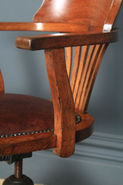 fig 5. Antique English Edwardian Oak & Brown Leather Revolving Office Desk Arm Chair (Circa 1910)