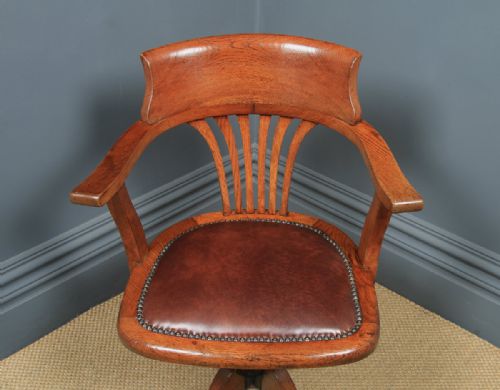 fig 6. Antique English Edwardian Oak & Brown Leather Revolving Office Desk Arm Chair (Circa 1910)