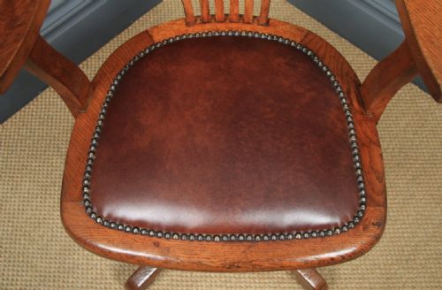 fig 7. Antique English Edwardian Oak & Brown Leather Revolving Office Desk Arm Chair (Circa 1910)