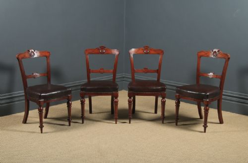 Antique English Victorian Set of Four 4 Mahogany & Burgundy Leather Shell Carved Dining Chairs (Circa 1880)