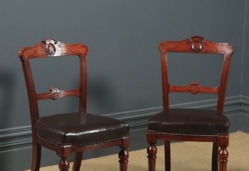 fig 1. Antique English Victorian Set of Four 4 Mahogany & Burgundy Leather Shell Carved Dining Chairs (Circa 1880)