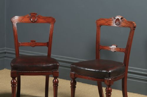 fig 2. Antique English Victorian Set of Four 4 Mahogany & Burgundy Leather Shell Carved Dining Chairs (Circa 1880)