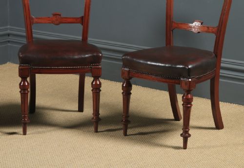 fig 3. Antique English Victorian Set of Four 4 Mahogany & Burgundy Leather Shell Carved Dining Chairs (Circa 1880)