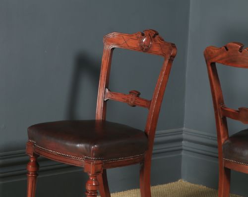 fig 6. Antique English Victorian Set of Four 4 Mahogany & Burgundy Leather Shell Carved Dining Chairs (Circa 1880)