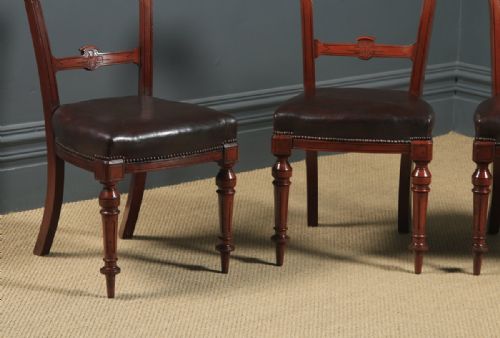 fig 4. Antique English Victorian Set of Four 4 Mahogany & Burgundy Leather Shell Carved Dining Chairs (Circa 1880)