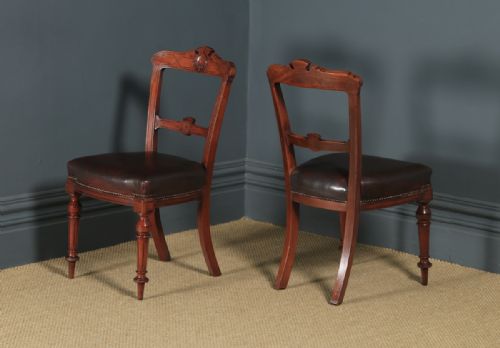 fig 5. Antique English Victorian Set of Four 4 Mahogany & Burgundy Leather Shell Carved Dining Chairs (Circa 1880)