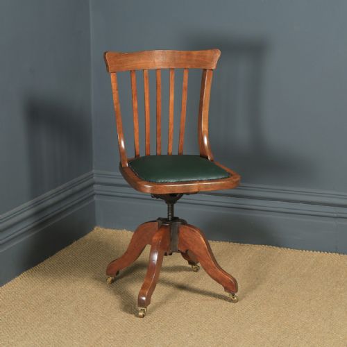 Antique English Edwardian Beech & Green Leather Revolving Office Desk Side Chair (Circa 1910)
